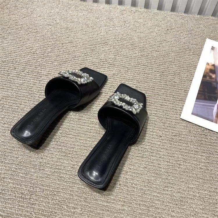Fashion rhinestone square buckle one-character medium heel cool slippers women