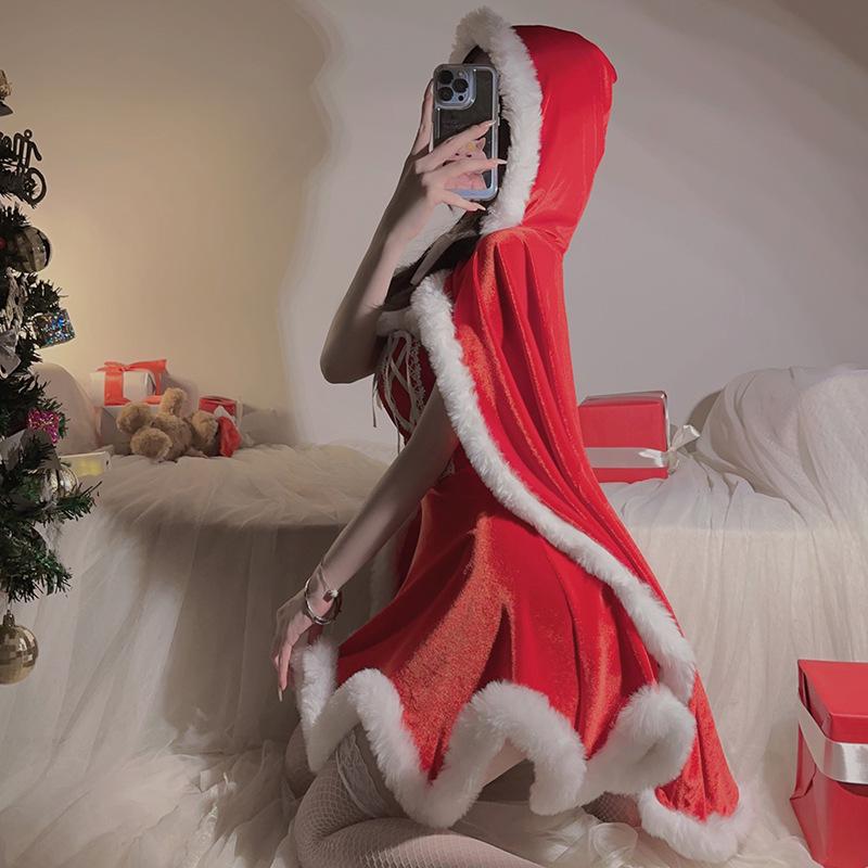 Velvet Patchwork Backless Christmas Princess Dress with Lace Cape Set