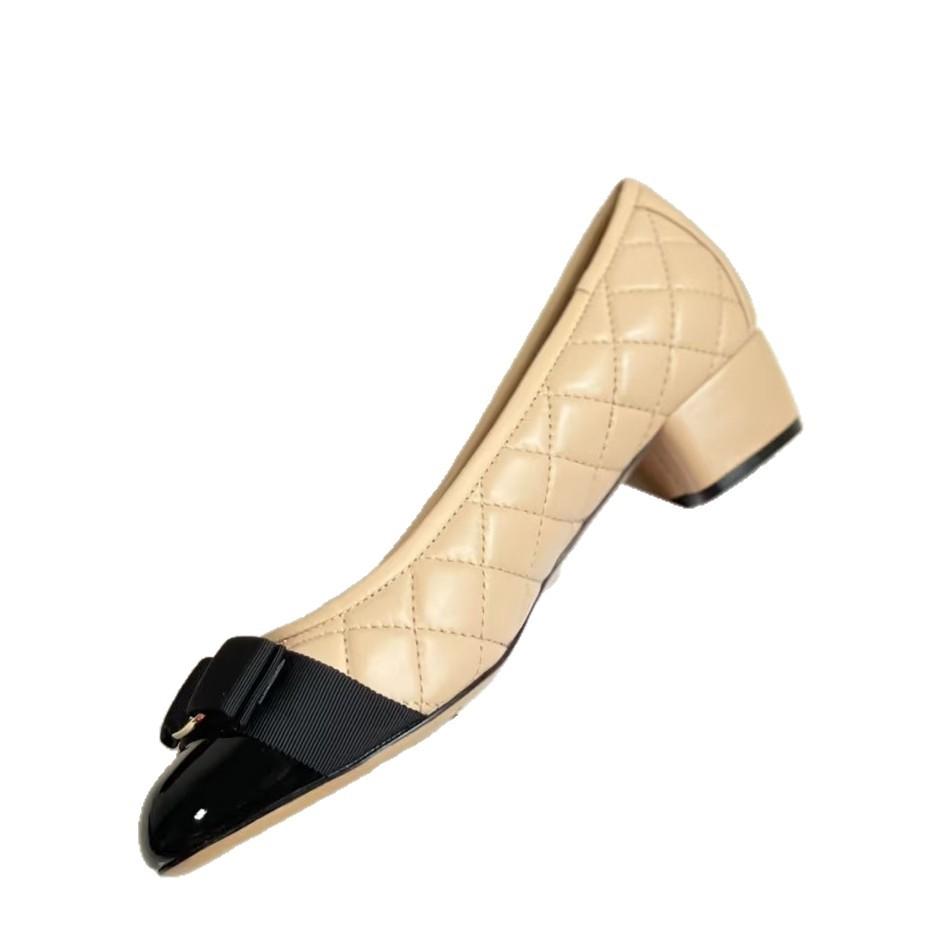 Fei'S Same Low-Heeled Bow Mary Jane Shoes Light Mouth Round Head Grid Color Matching Single Shoes Women'S Thick Heel