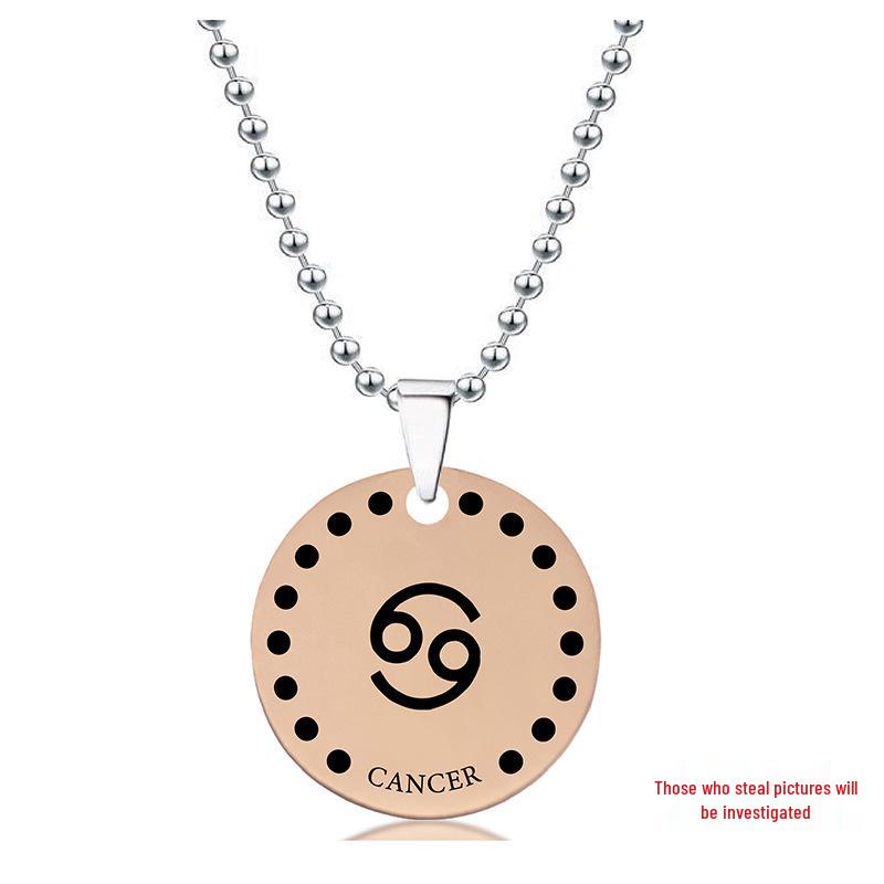 Rose Gold Stainless Steel Necklace with Twelve Constellations Engraved Round Tag - Christmas Holiday Gift