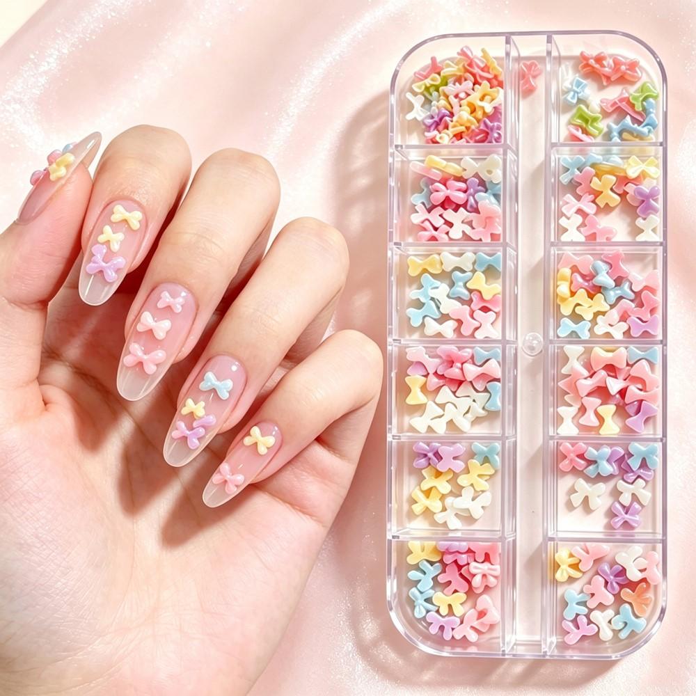 12grid Sweet Candy Bow Nail Charms 3D Colorful Ice Clear Mini Bowknot Nail Gems Resin Flatback Macaron Bowtie Acrylic Nail Decor