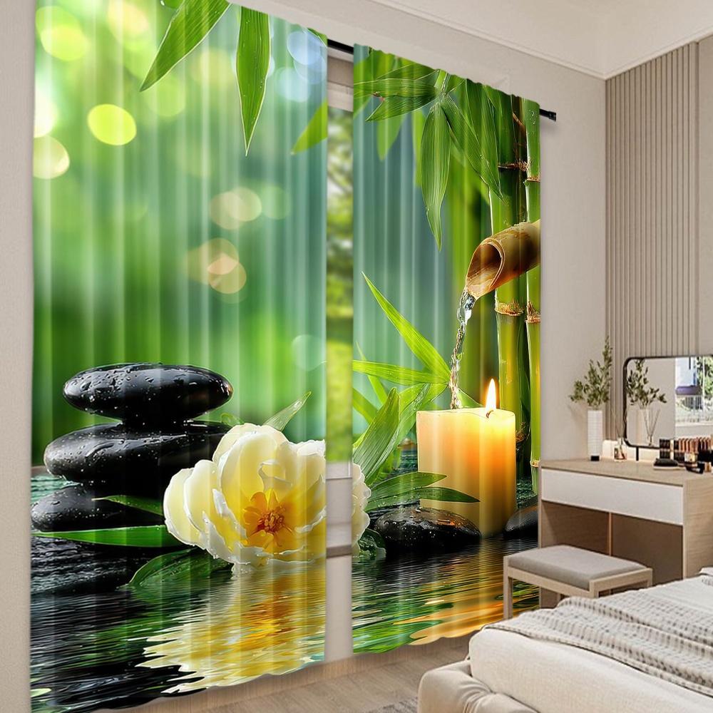 2D Flat Printing 2pcs Curtain Window Drapes Bamboo Serenity Scene Digital Printed Polyester Drapes Festive Wall Decor Perfect