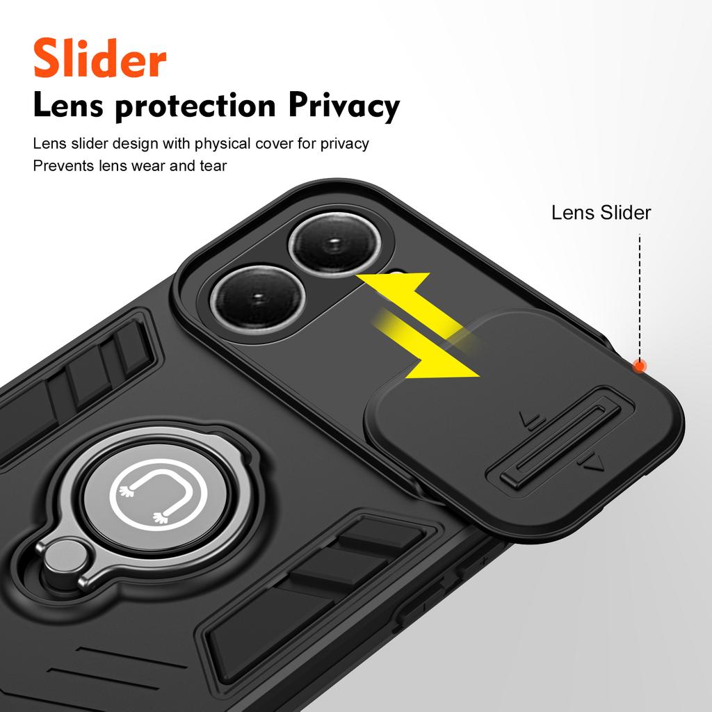 Hybrid Armor Shockproof Case For Xiaomi Poco X7 Pro Sliding Window Metal Ring Holder TPU Frame Hard Plastic Phone Cover Fundas