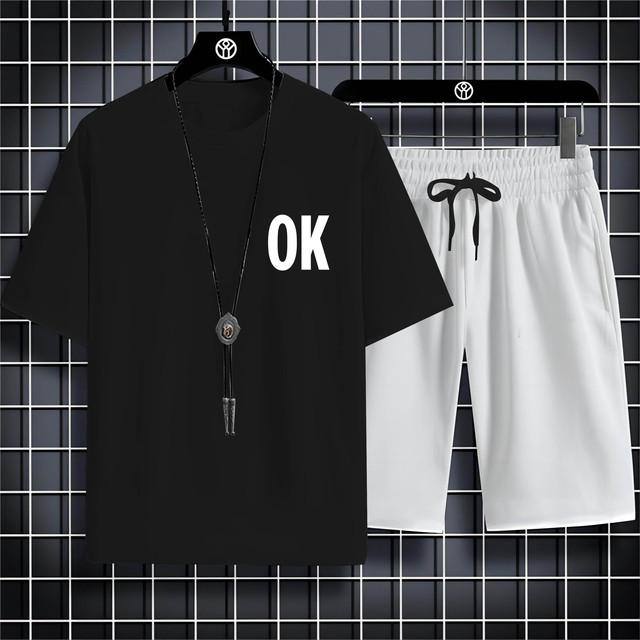 Summer Outdoor Sports Style Alphabet Ok Printed Men'S Round Neck Comfortable Breathable Drawstring Shorts Casual Set Quick Dry