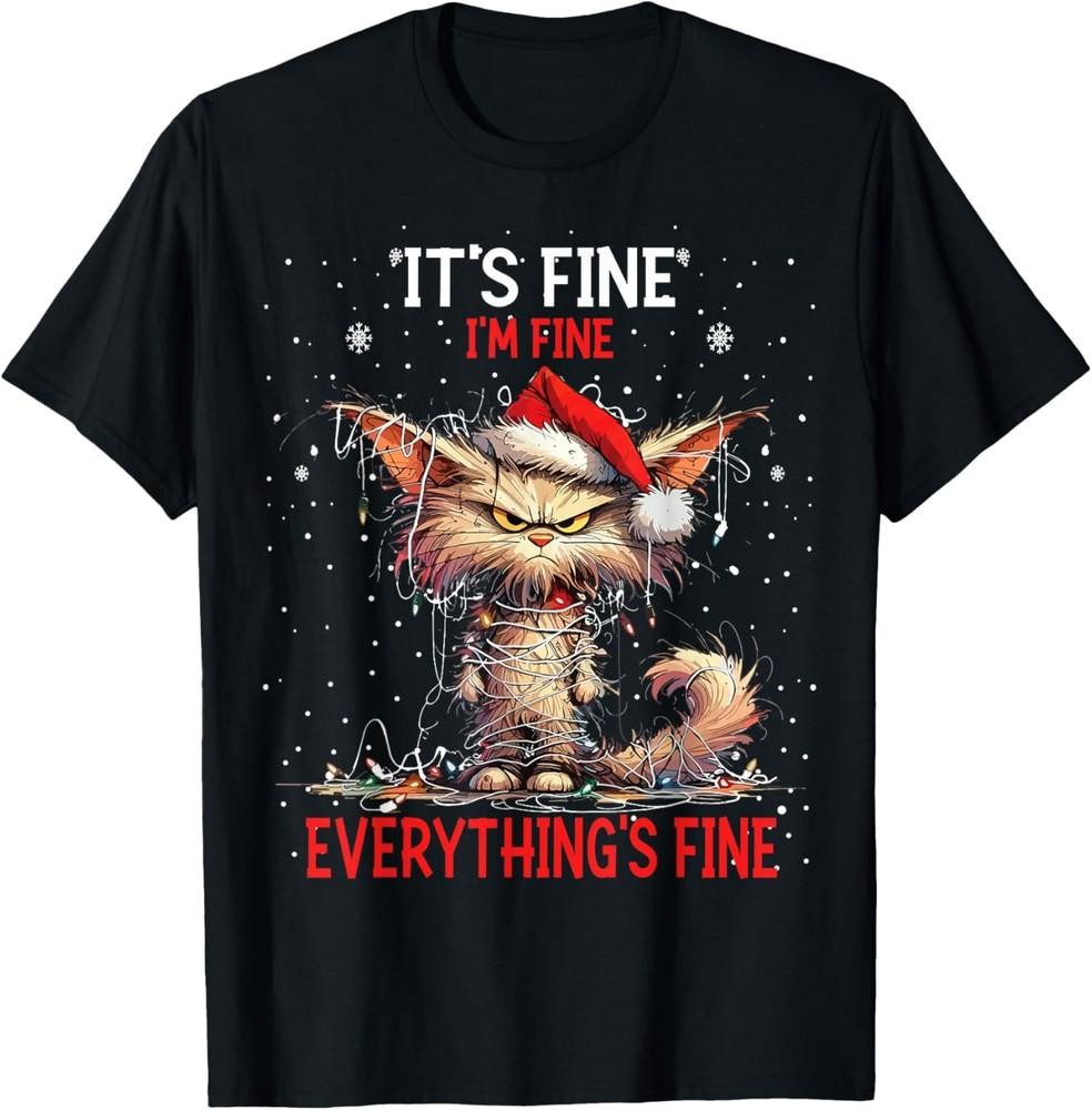 Cute Cat Xmas Lights It s Fine I m Fine Everything Is Fine T-Shirt Unisex T-Shirt XL