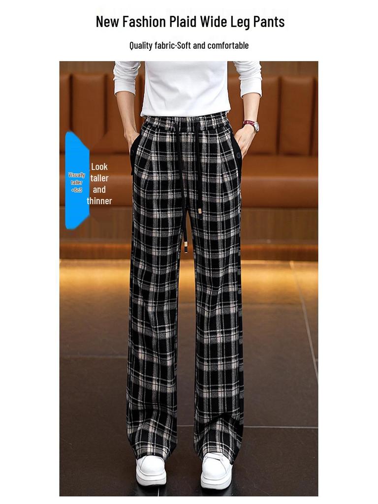 Women's High-Waisted Plaid Wide-Leg Pants - Spring Slimming Casual Drape Style