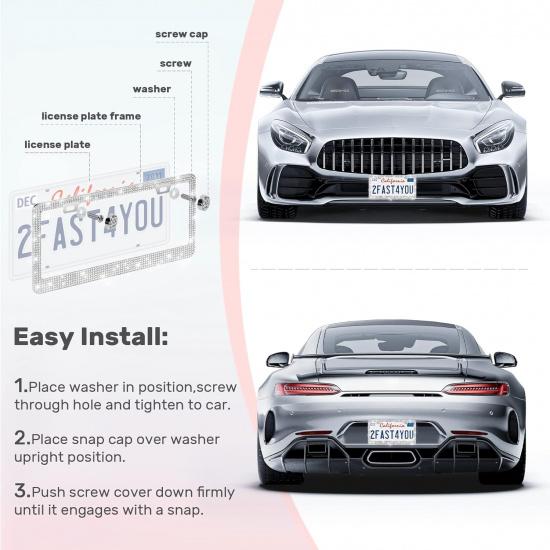 2 Pack Bling License Plate Frames, Sparkly Rhinestone Diamond Car License Plate Cover For Women, Stainless Steel Car Accessories With Glitter Crystal