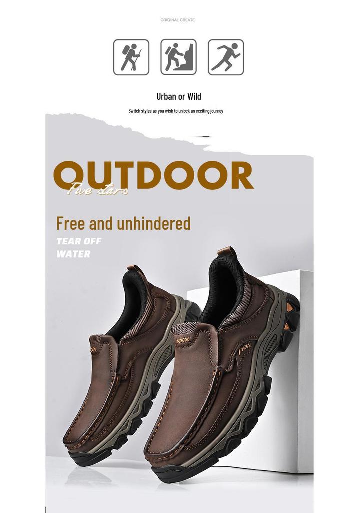 Men's Four Seasons Leather Slip-On Loafers: Thick Sole, Wear-Resistant, Casual Outdoor Shoes