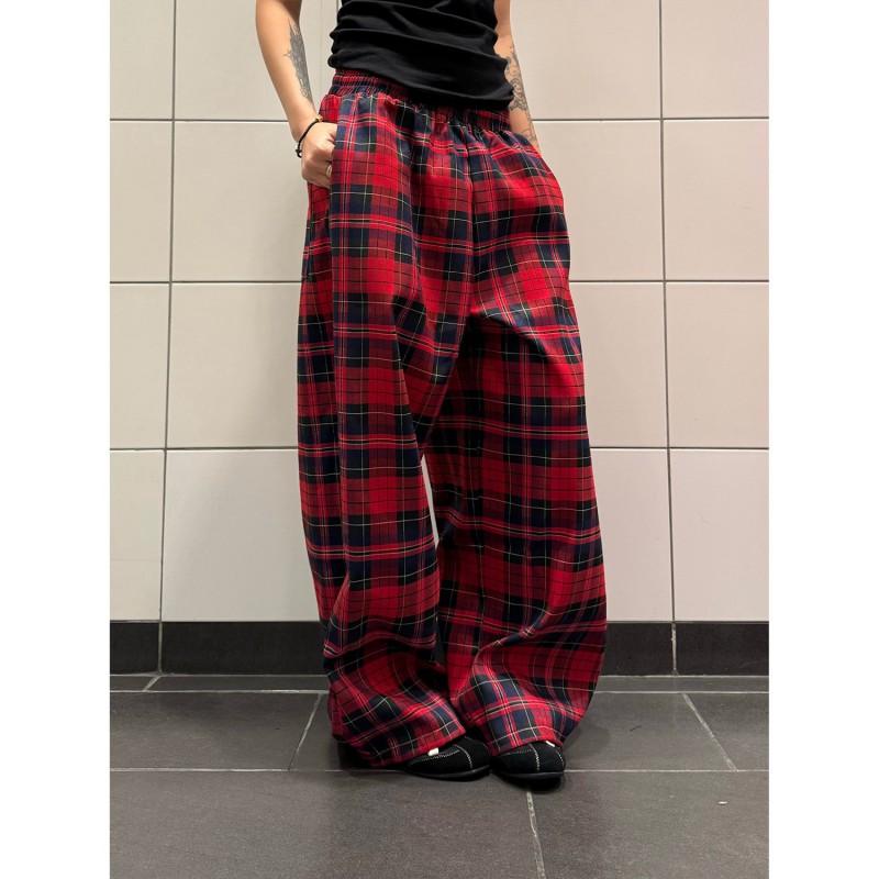 Vintage-inspirierte Color-Block-Karos mit Kordelzug, weites Bein, Damen, Herbst, Freizeit-Hosen