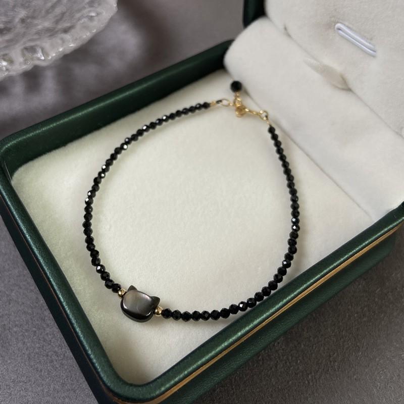 Adjustable 14K Gold Plated Cat Bracelet With Natural Crystal Black Spinel Beads Handmade Animal Charm Jewelry Women