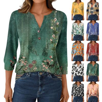 Women's Fashion Casual 3/4 Sleeve T-Shirt Prints V-Neck Button Top