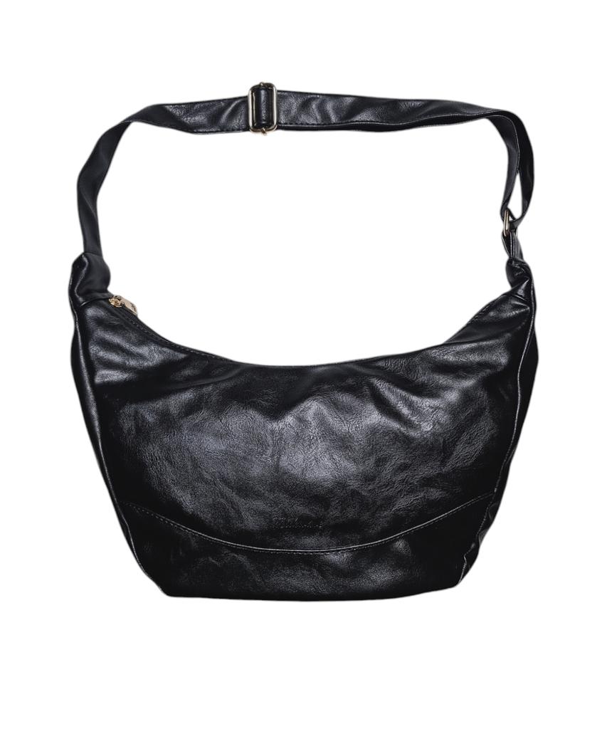 Milk Wave Underline Leather Hobo Crossbody Bag [Black]