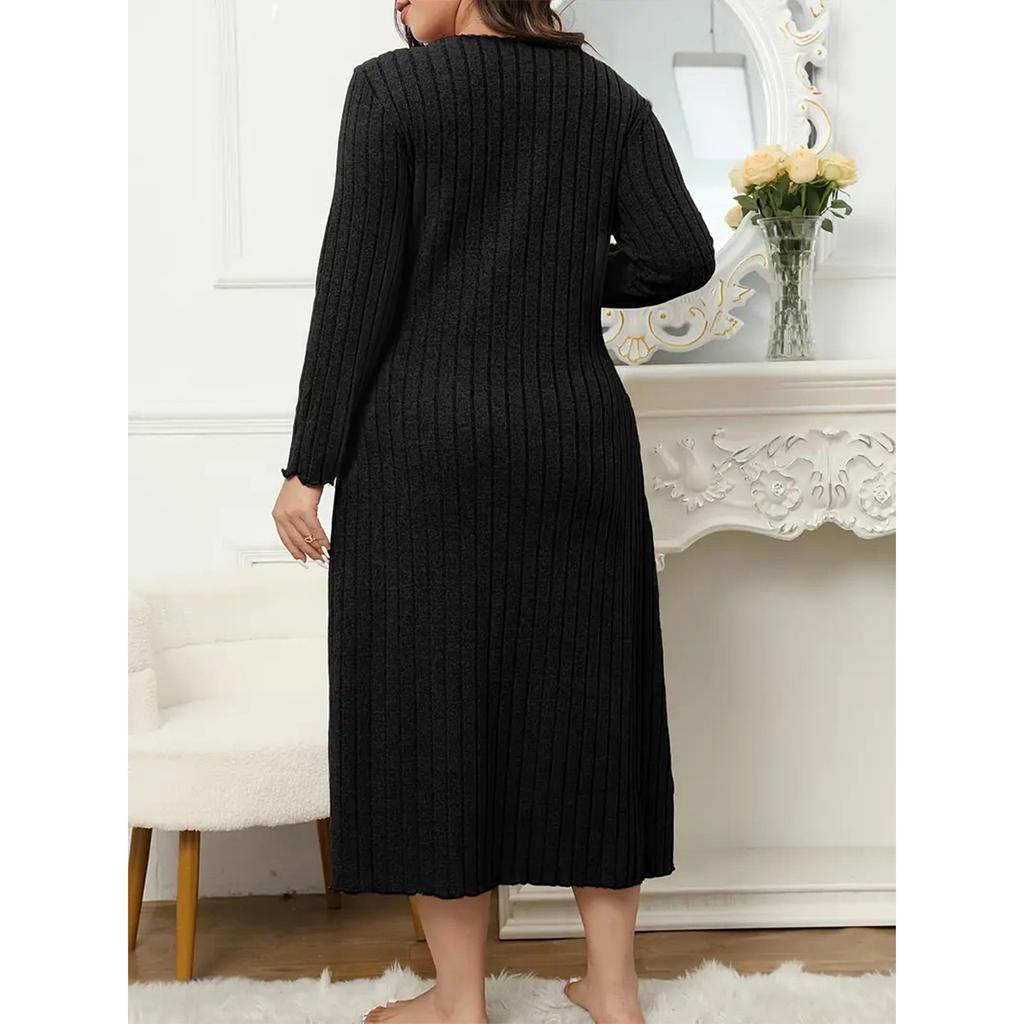 Women's Fashionable Plus Size Solid Color V Neck Long Sleeved Casual Loose Dress