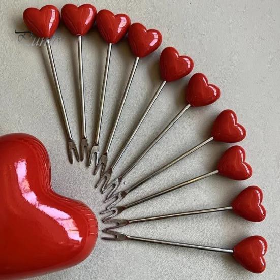 5/10Pcs Heart-Shaped Fruit Forks Set Dessert Cake Appetizer Picks with Love Holder Reusable Kitchen Utensils