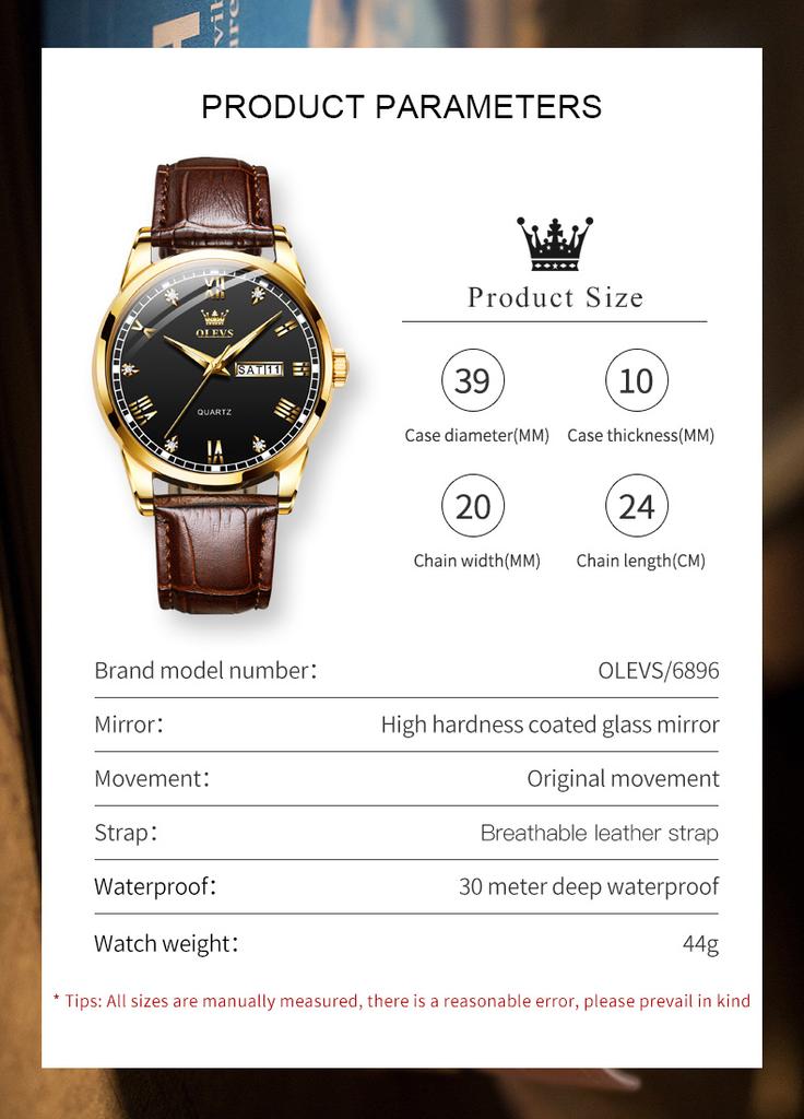 OLEVS 6896 Original Quartz Watch for Man Fashion Simple Leather Strap Calendar Waterproof Luminous Business Men's Watch