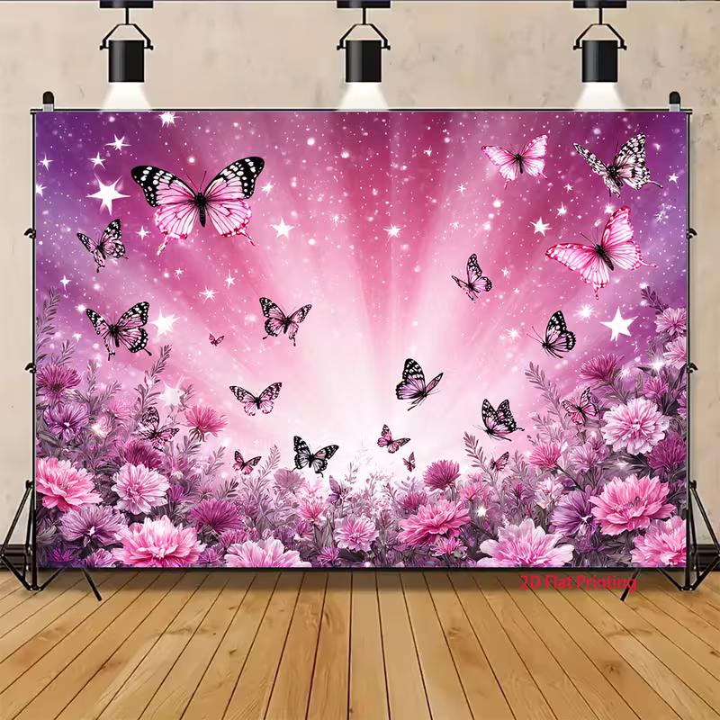 Whimsical Butterfly Backdrop, Dreamy Pink and Purple Scene with Butterflies, Flowers and Sparkles, Magical and Enchanting Party Wall Art