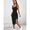 Women Summer Style Knitted Suspender Dress Lady Sleeveless Square Collar Side Slit Skirt Dress Vestidos