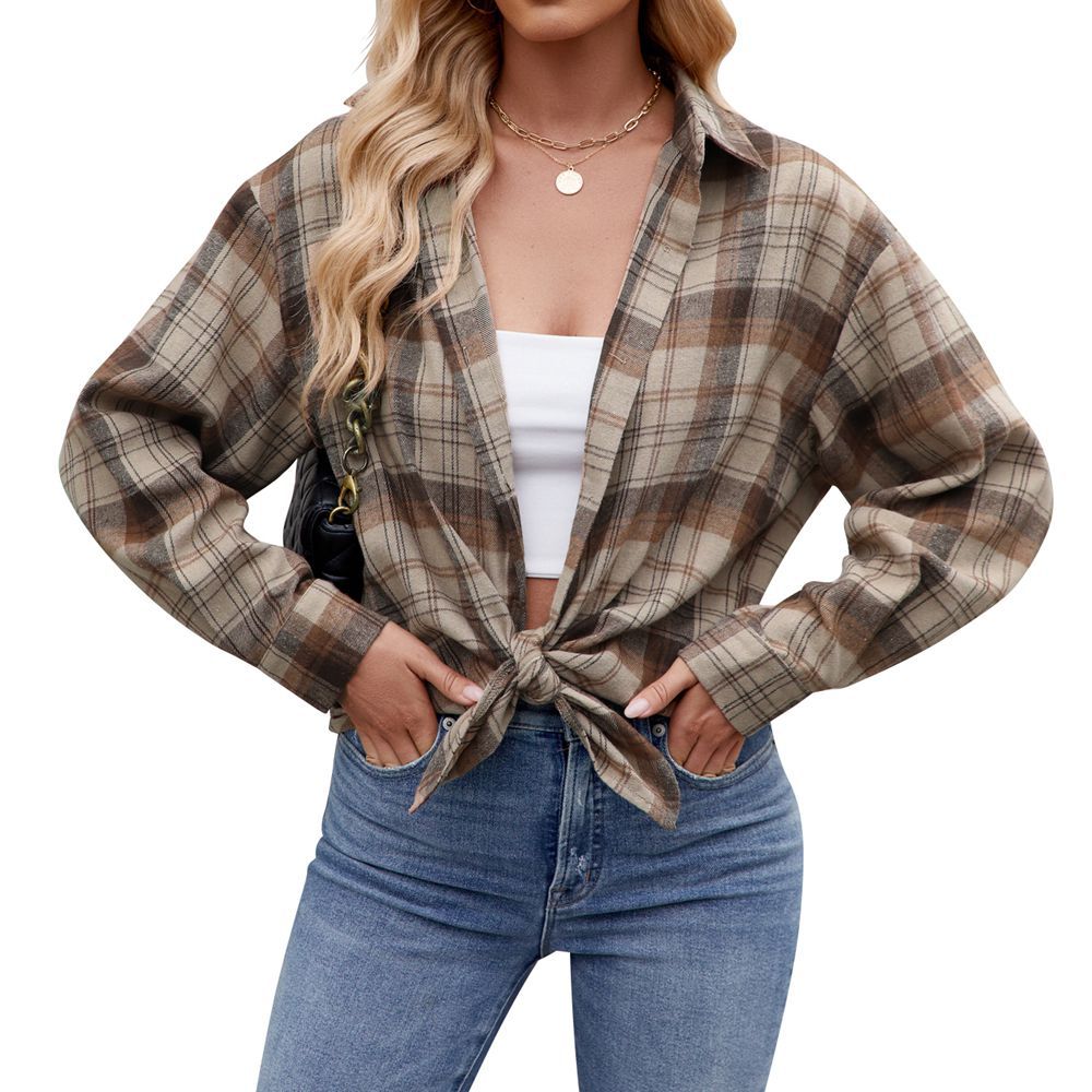 Spring and Autumn Women's Casual Fashion Street Loose Plaid Long Sleeve Shirt