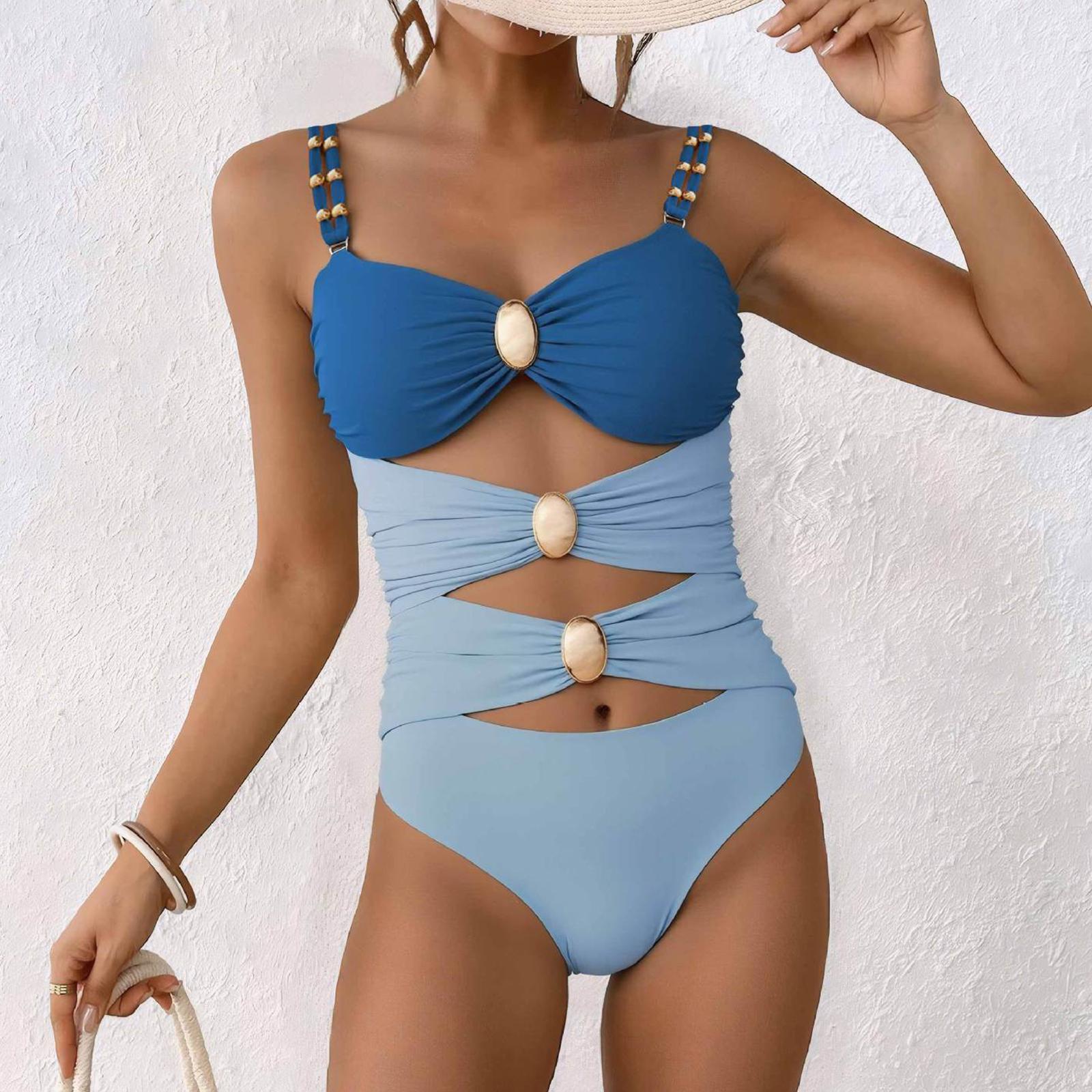 

Women s Fashionable Color-Blocked Metal Buckle One-Piece Swimsuit XL