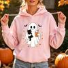 Cute Ghost Black Cat Sweatshirt Spooky Halloween Pumpkin Coffee Print Pullover Fall Winter Casual Long Sleeves Tops Unisex