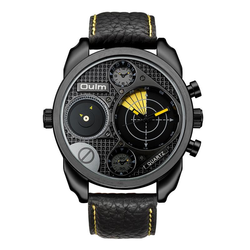 Oulm Herren-Quarzuhr mit großem Zifferblatt, cooler Trend, Dual-Zeitzone, Leder-Herrenuhr, neue GTM Two Time, modisch und lässig