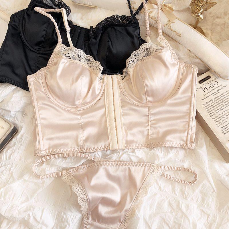 French Lace Push-Up Lingerie Set: Slimming Satin Underwire Bra for Large Busts