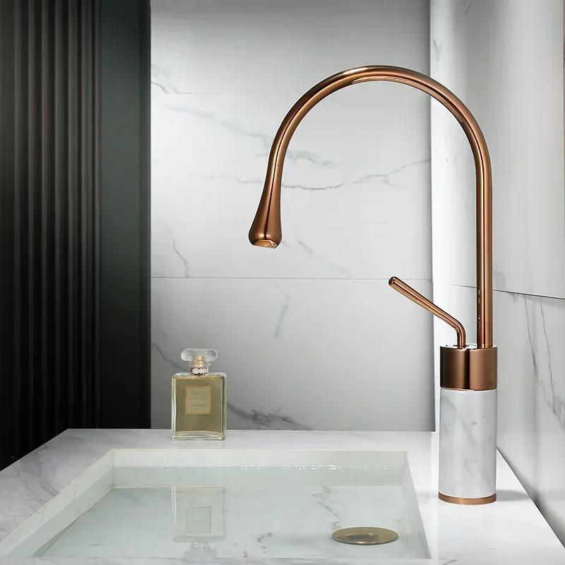 Rose Gold Bathroom Basin Faucet - Brass & Marble Mixer Tap, Hot/Cold Water for Lavatory