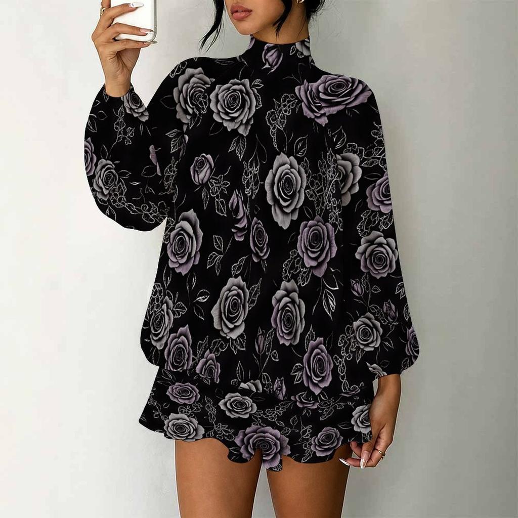 Women's 3D Halloween Motif Print Mock Neck Long Sleeve Dress, Raglan Sleeve Fake Two Piece Mini Dress
