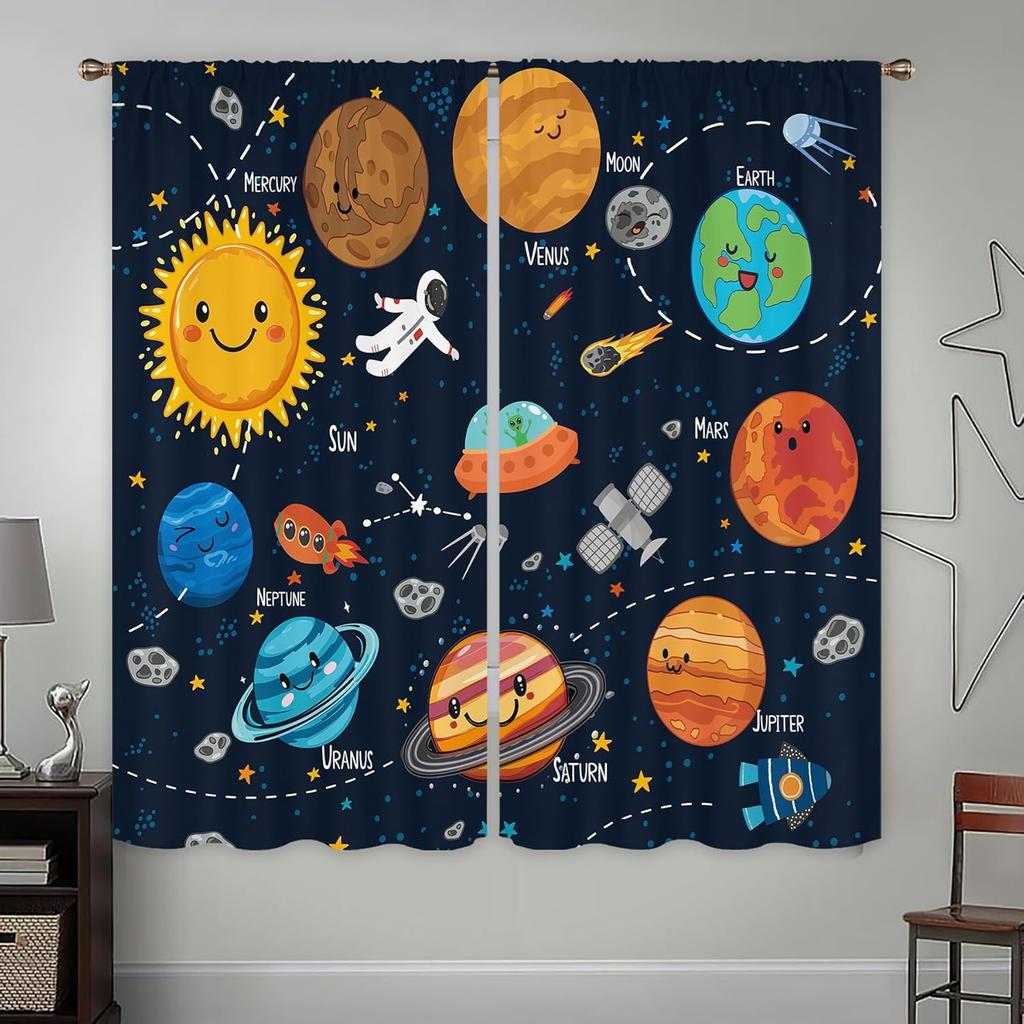 Sonnensystem Universum Fenstergardinen Kinder Jungen Weltall Planet Lernen Studie Wissen Galaxie Polyester Vorhang Hergestellt Aus Mit Stangentasche Waschbar