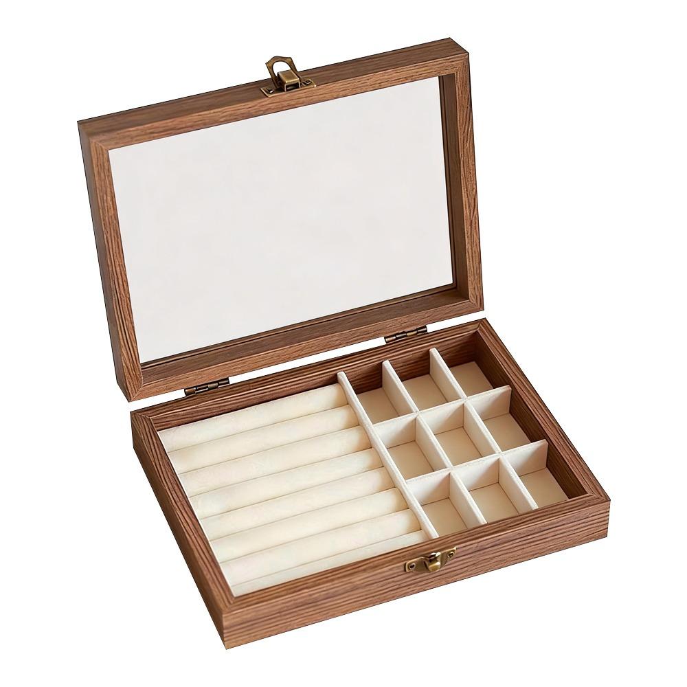 Walnut Color Jewelry Storage Box Dust-proof Design Velvet Material Ring Storage Box Glass Lid Light Luxury Packaging