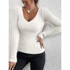 Women Solid Rib Knit V Neck Stripe Pull Sweater Femme Long Sleeve Pullover Jersey Tops Fashion Clothes