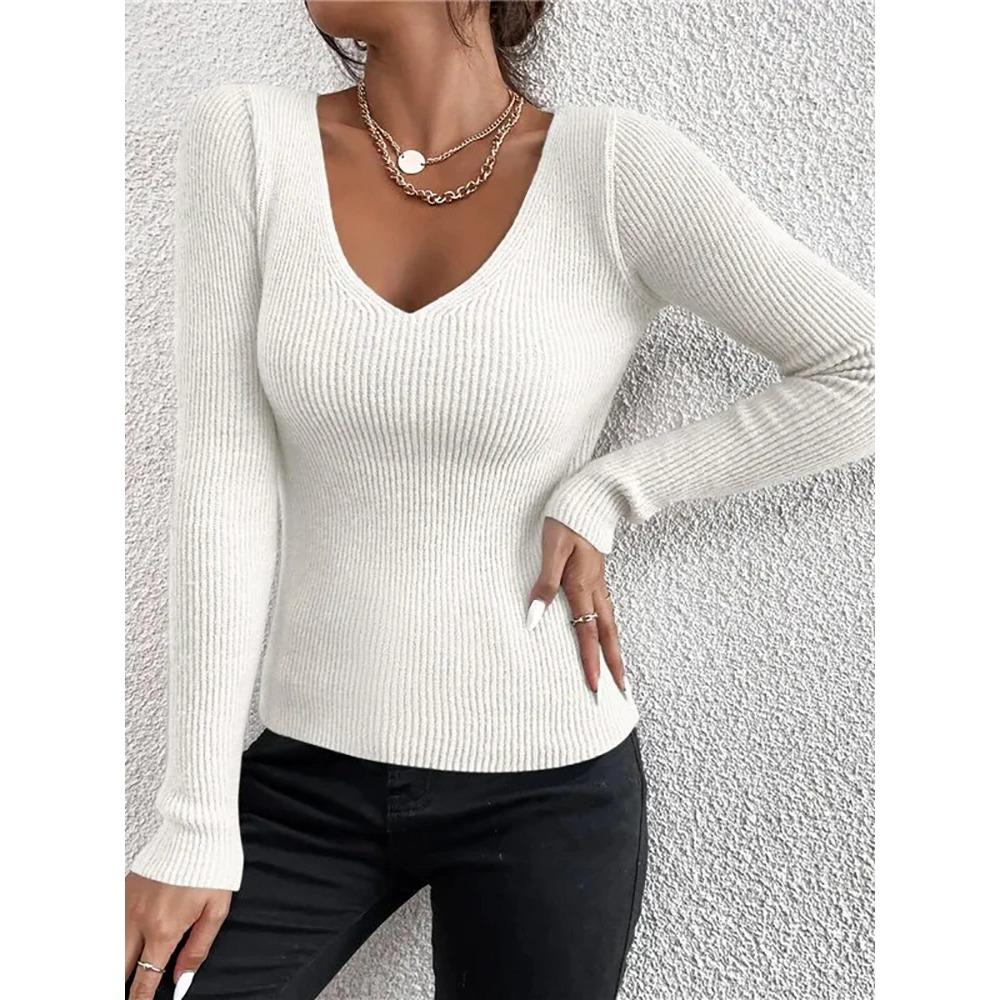 Women Solid Rib Knit V Neck Stripe Pull Sweater Femme Long Sleeve Pullover Jersey Tops Fashion Clothes