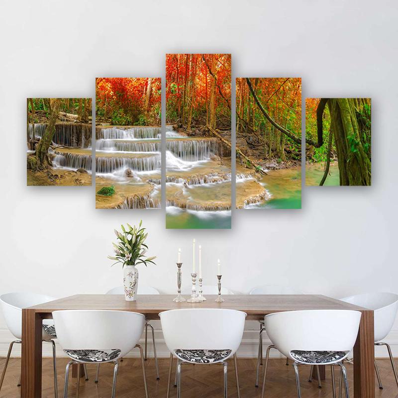 5 Panels Landscape Waterfall Posters and Prints Canvas Painting Wall Art Pictures Living Room Home Decor Lake Tree No Frame