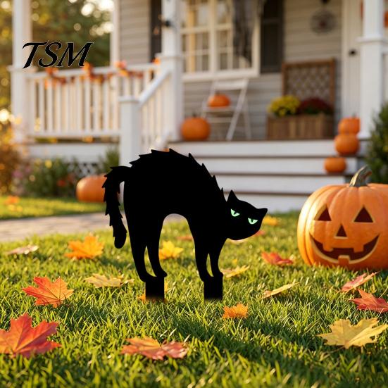 Spooky Outdoor Silhouette Halloween Garden Stake, Black Cat Yard Sign with Glow-in-the-dark Easy Installation Stakes Eyes, Waterproof Ghost