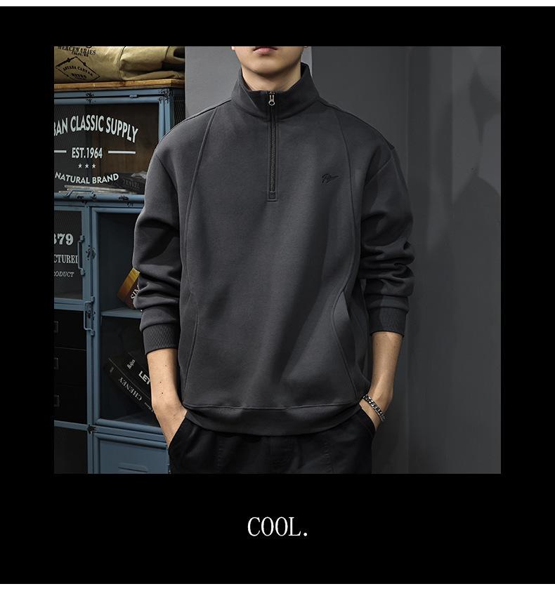 Heren Herfst Retro Geborduurde Zware Half-Ritssluiting Losse Pasvorm Opstaande Kraag Hoodie Pullover