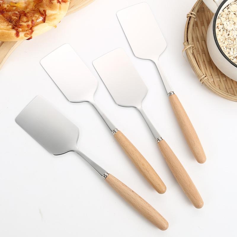 Stainless Steel Square Head Steak Cooking Shovel Wood Handle Pizza Shovel Pancake Beef Pan Shovel BBQ Utensils for Kitchen