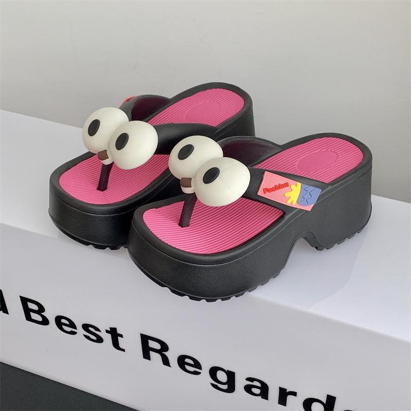 Women's Thick-Soled Summer Flip-Flops: Big-Eyed Dog, EVA, Height-Increasing, Non-Slip Sandals
