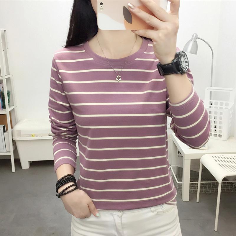 Autumn Spring Women's Plus Size Long-Sleeve Striped Cotton T-Shirt Striped Base Shirt for Outerwear