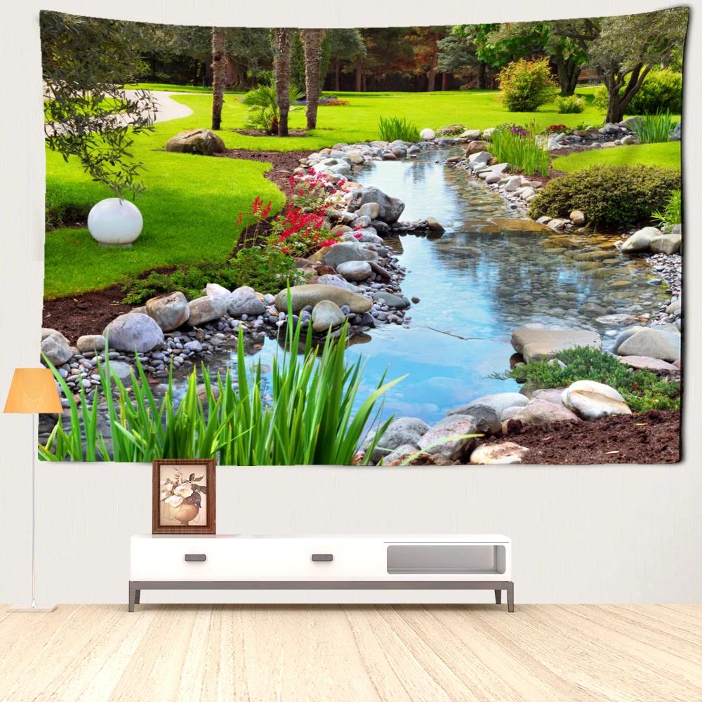 Garden Pond Scenery Tapestry Wall Hanging Simple And Abstract Art Bohemian Nature Living Room Bedroom Home Decor