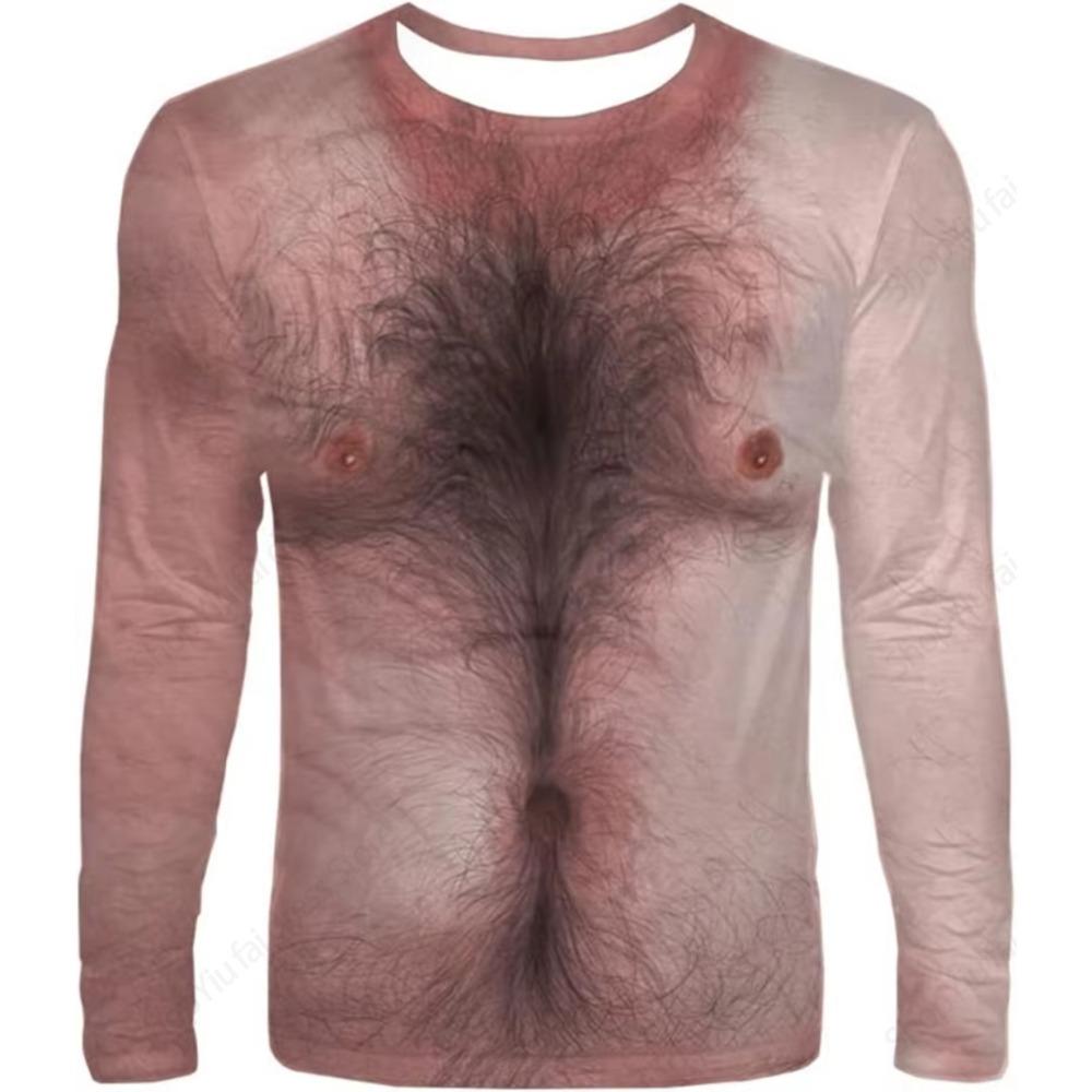 Rundhals Langarm T-Shirt 3D Lustig Muskelkörper Bedruckte T-Shirts Slim Oversized T-Shirt Herren Oberteile Hässliche Brusthaare Oberteile T-Shirts Neu