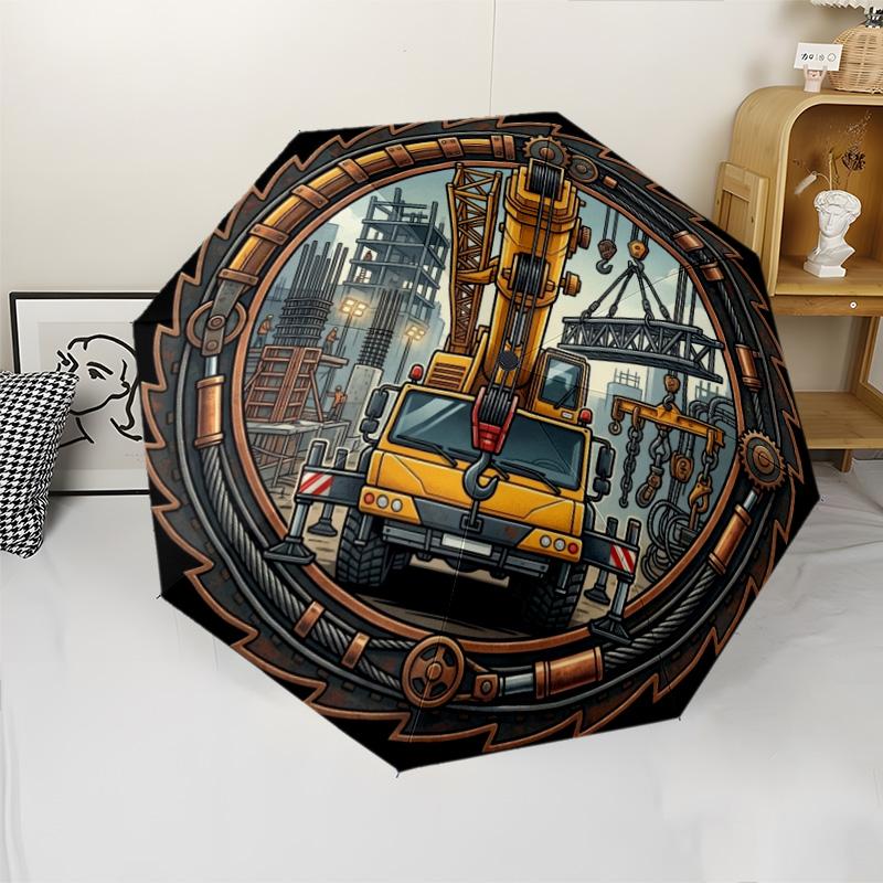 Construction Crane Emblem Pattern Umbrella, Portable and Foldable Design, 8 Ribs, a Casual Accessory for Halloween, Christmas, and Birthday Gifts.