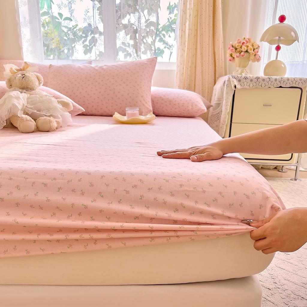 Cotton double-layer yarn printed fitted sheet three-piece set of small floral household bedroom mattress protective cover