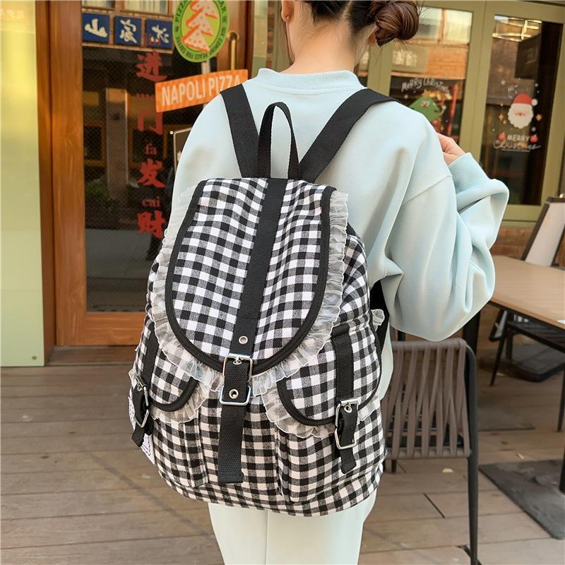 College Style Schoolbag for Female Junior High School Students Black and White Plaid Lace Backpack Large Capacity High School Student Backpack Tide
