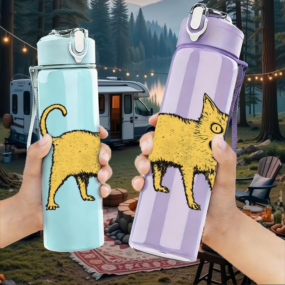 1PC Cute Yellow Cat Kitten Animal Print 750ml Color Plastic Sports Water Bottle Leakproof Flip Straw Lid Suitable for Sports Office Home Use