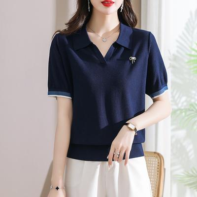 Polo Collar Short Sleeved T-shirt Women's Summer Top Flip Collar Ice Silk Knit Sweater Thin T-Shirts Women’s