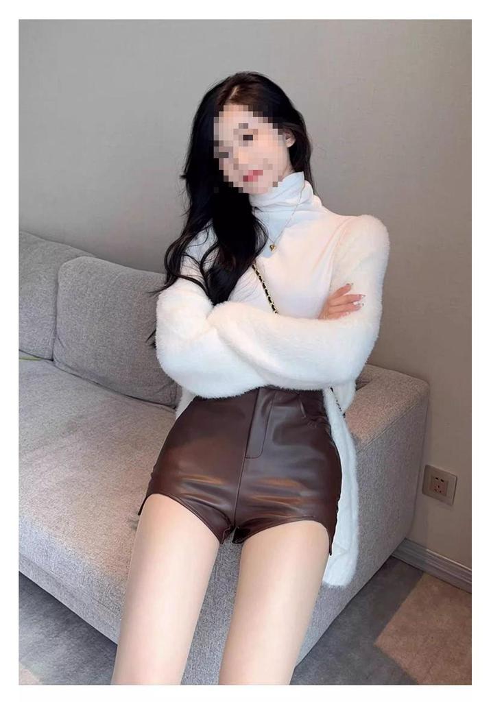 Women's Brown Leather Hip-Hugging Slimming Bootcut Shorts, Autumn/Winter 2025 Korean Style, Irregular Skinny Fit
