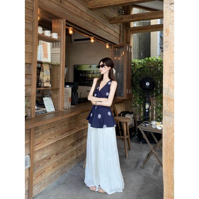 Kumikumi Sweet Style Set French Style Kinked Cami Women Summer Drape Embroidered Wide-Leg Pants Two-piece Set
