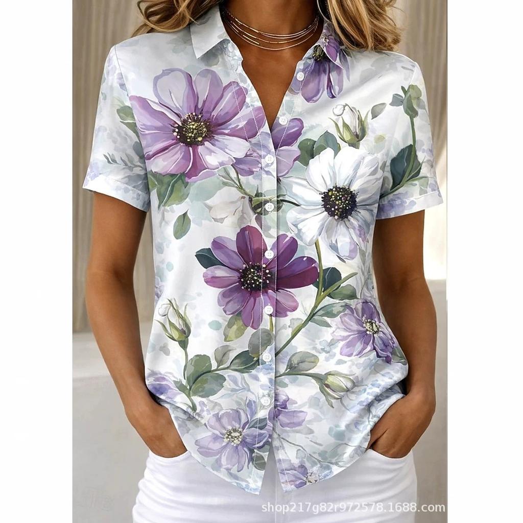 European and American summer hot-selling shirts, short-sleeved women's clothing, printed fashion lapel shirts, tops, casual women's clothing