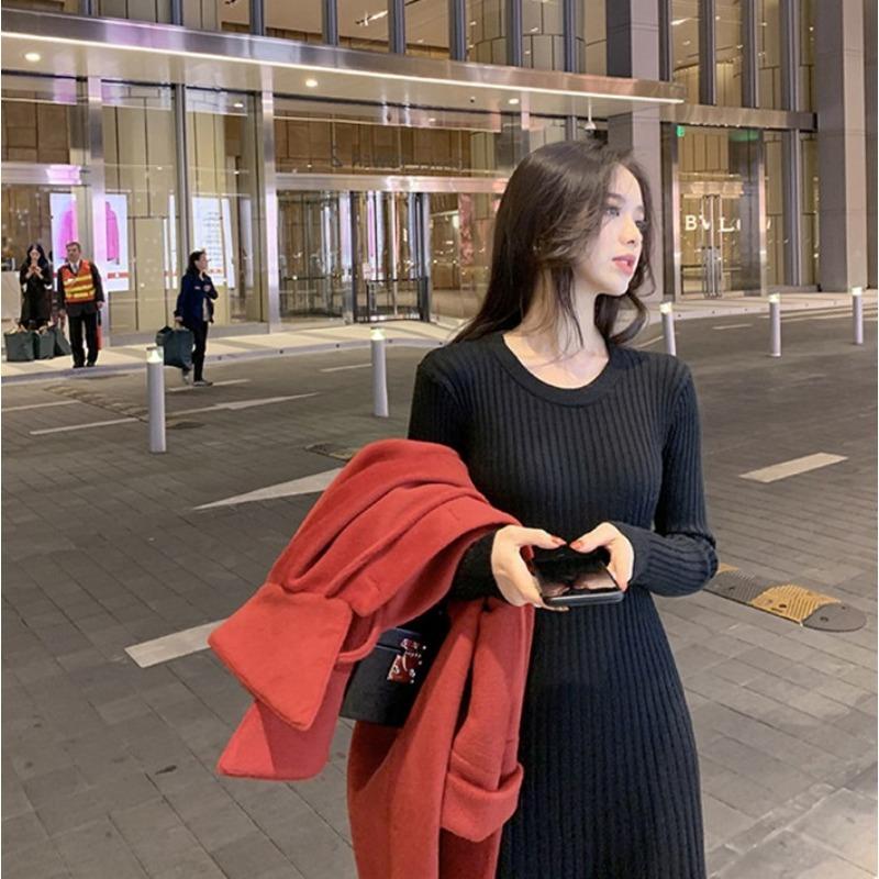 Winter Medium and Long Knitted Sweater Skirt Over the Knee with Coat Inside with Bottom Long Dress White Dress Children Autumn and Winter