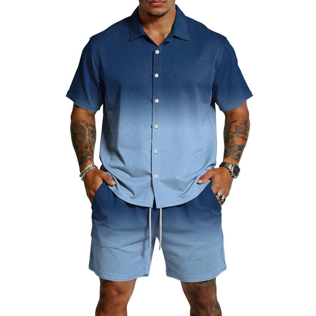 Men Casual Short Sleeve Button Down Shirt Lightweight Breathable Fabric Drawstring Waist Shorts Set Summer Outfit